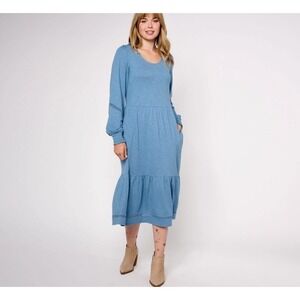 Canyon Retreat Dress Women XL Blue Peasant QVC Denim & Co Boho Lace Trim Smocked